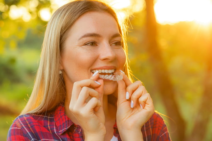 A woman smiling as she puts in her Invisalign retainer.